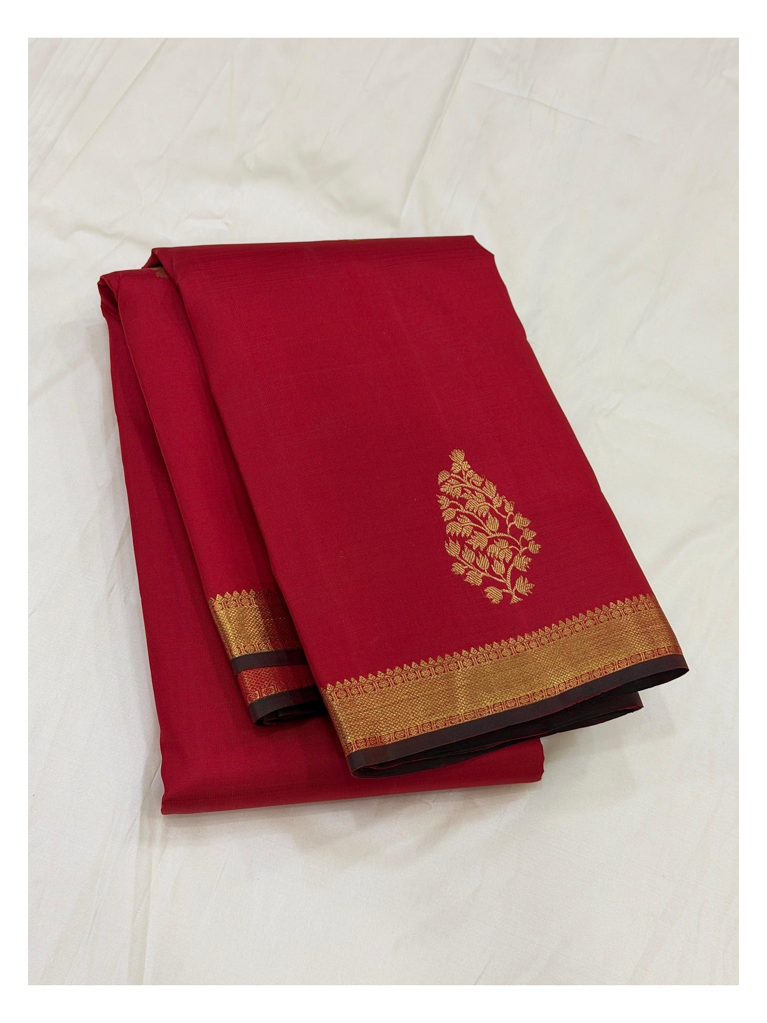 Handwoven Kanchipuram Silk Saree - Red with Gold Floral Buttas and Brocade Pallu front view