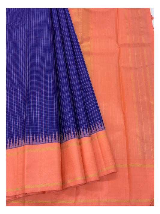 Handwoven Kanchipuram Silk Saree - Royal Blue Checks with Coral Contrast Border