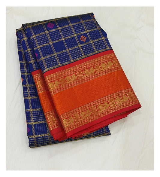 Handwoven Kanchipuram Silk Saree - Royal Blue Checks with Orange Zari Border front view