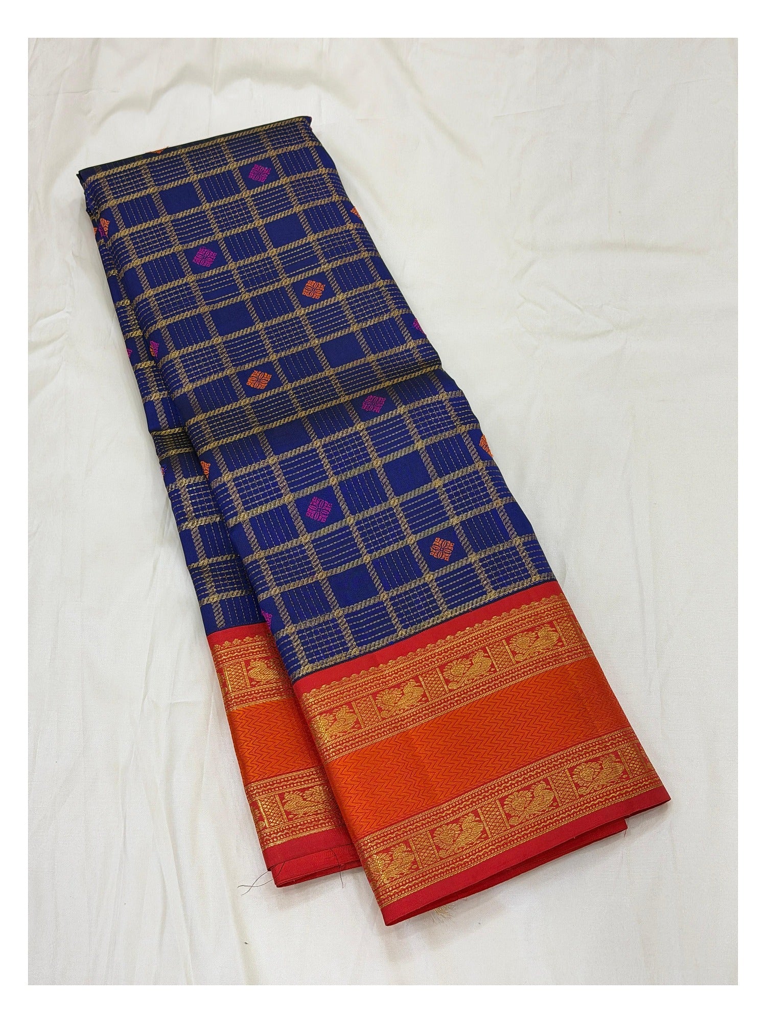 Handwoven Kanchipuram Silk Saree - Royal Blue Checks with Orange Zari Border