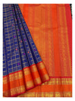 Handwoven Kanchipuram Silk Saree - Royal Blue Checks with Orange Zari Border