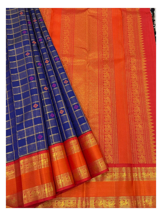 Handwoven Kanchipuram Silk Saree - Royal Blue Checks with Orange Zari Border