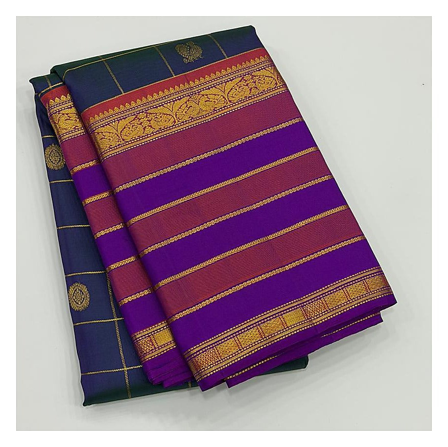 Handwoven Kanchipuram Silk Saree - Royal Blue Checks with Violet Border front view