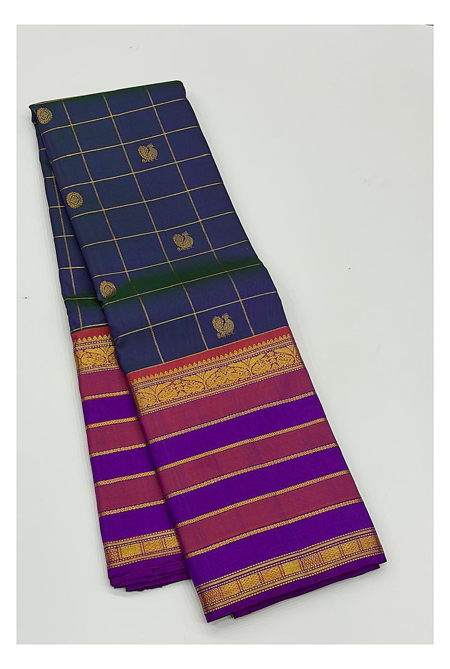 Handwoven Kanchipuram Silk Saree - Royal Blue Checks with Violet Border