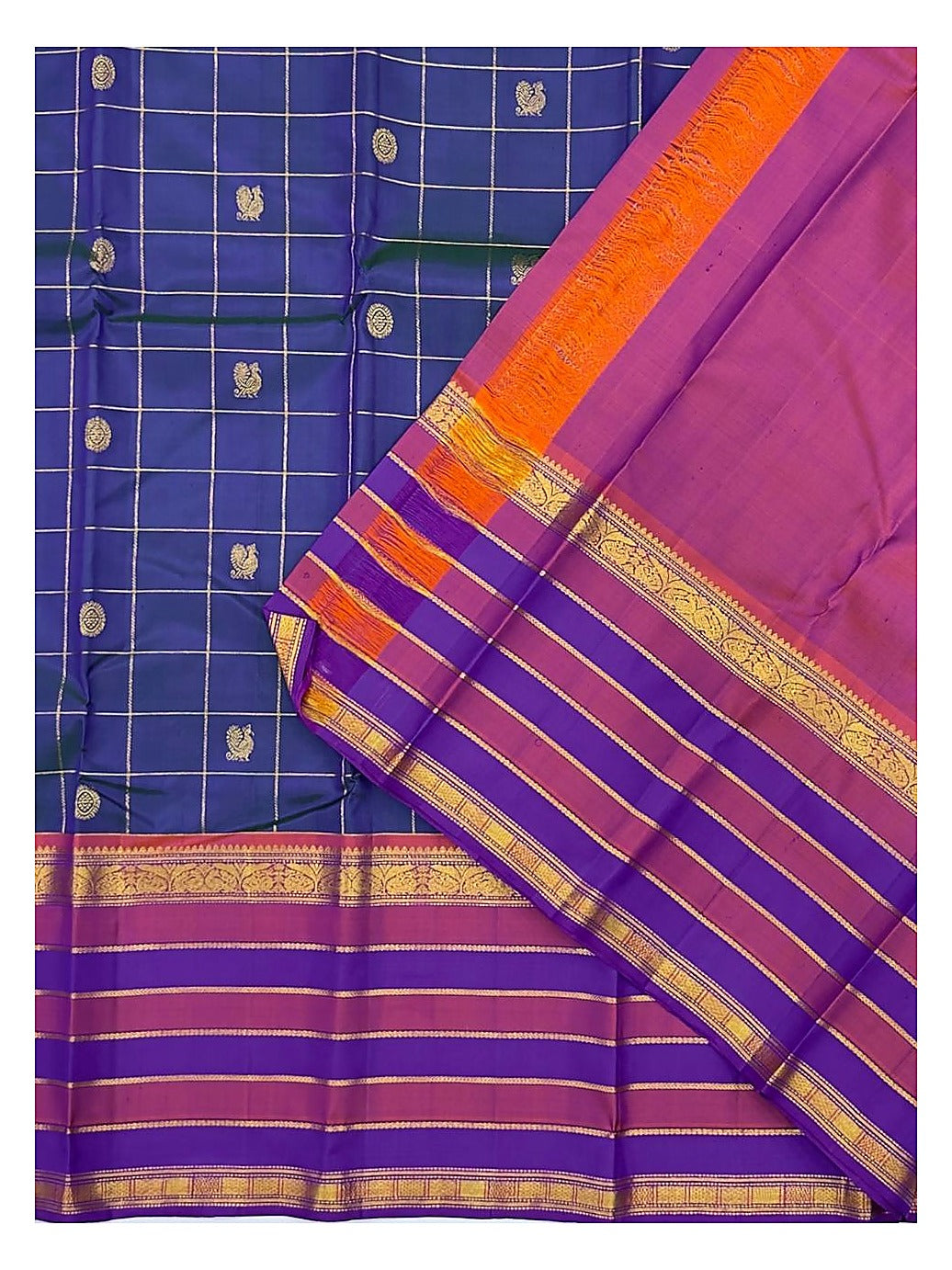 Handwoven Kanchipuram Silk Saree - Royal Blue Checks with Violet Border