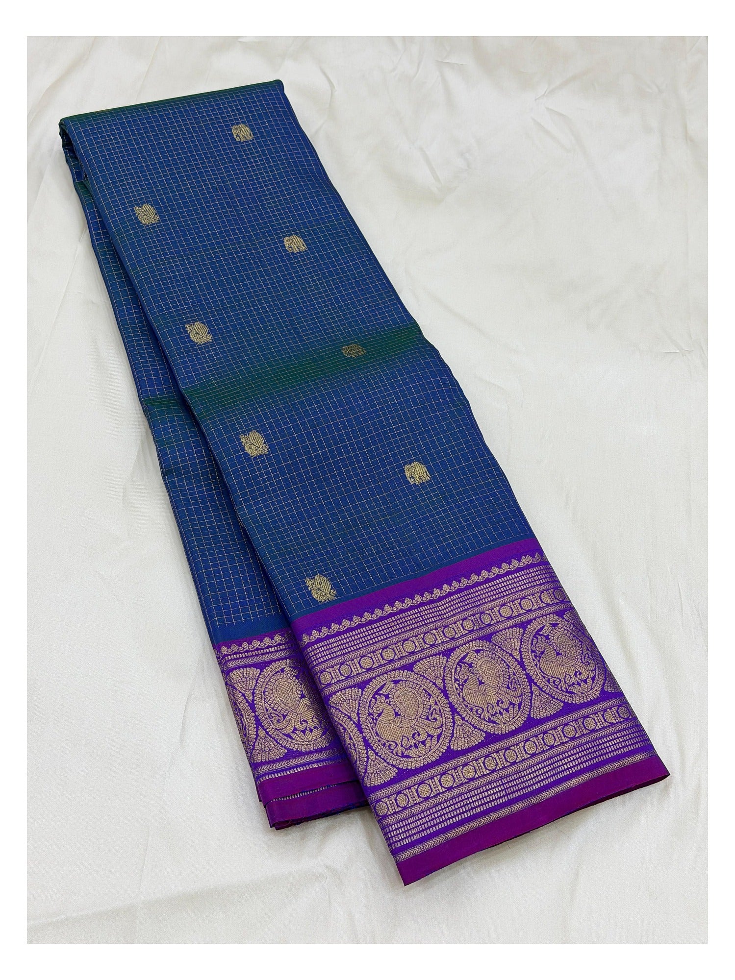 Handwoven Kanchipuram Silk Saree - Royal Blue Checks with Violet Peacock Border