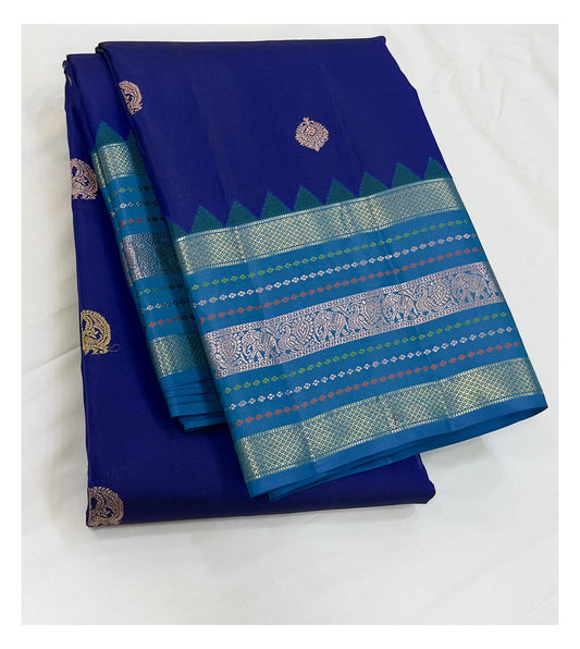 Handwoven Kanchipuram Silk Saree - Royal Blue with Aqua Contrast Border front view