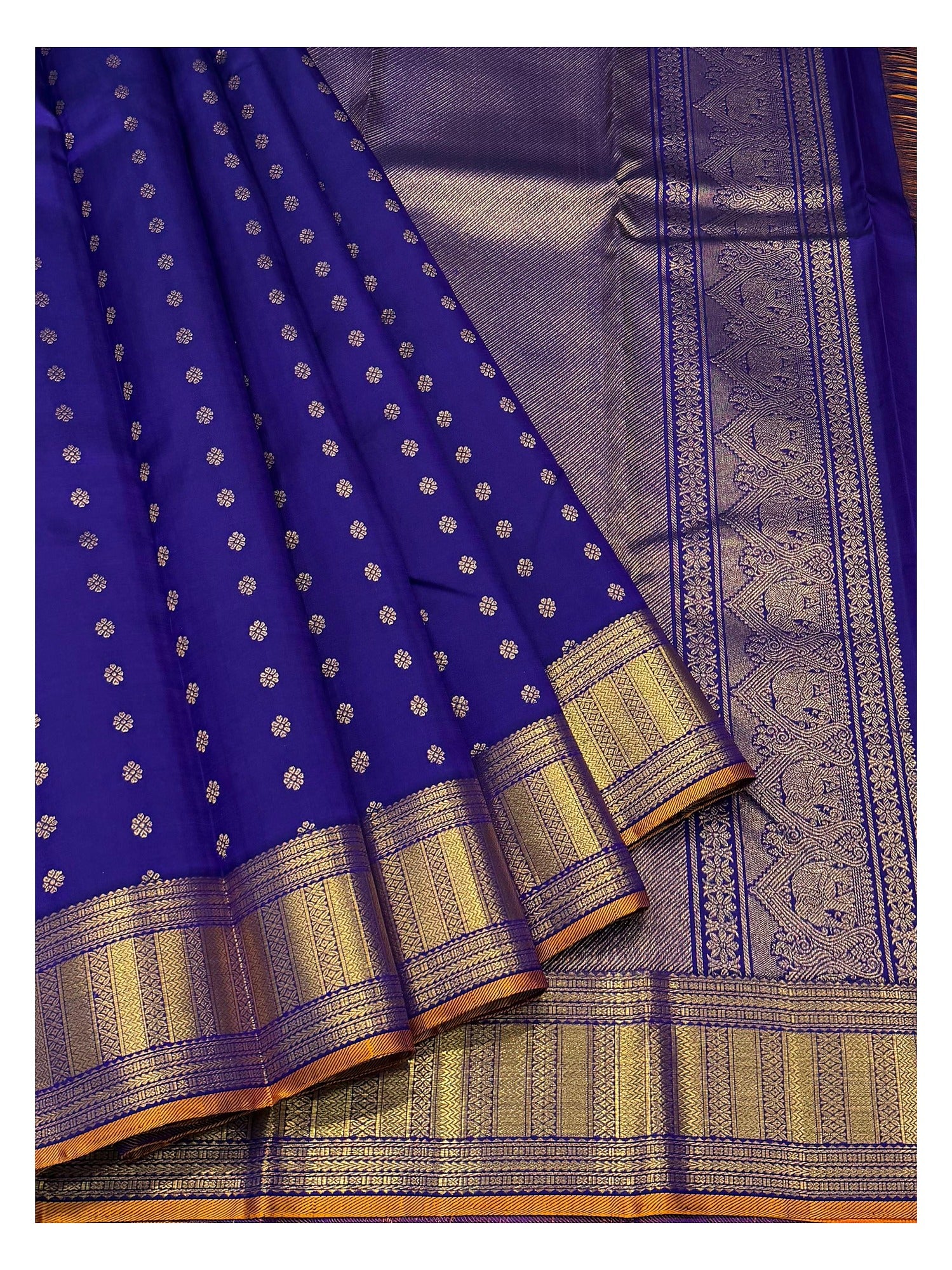 Handwoven Kanchipuram Silk Saree - Royal Blue with Gold Floral Buttas and Contrast Pallu front view