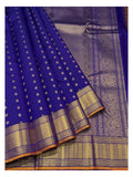 Handwoven Kanchipuram Silk Saree - Royal Blue with Gold Floral Buttas and Contrast Pallu front view