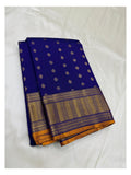 Handwoven Kanchipuram Silk Saree - Royal Blue with Gold Floral Buttas front view