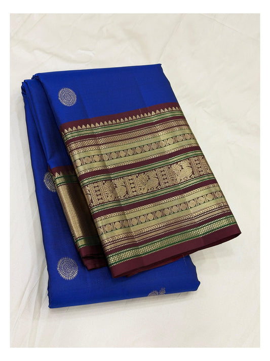 Handwoven Kanchipuram Silk Saree - Royal Blue with Gold-Toned Maroon Border front view