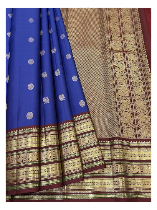 Handwoven Kanchipuram Silk Saree - Royal Blue with Gold-Toned Maroon Border
