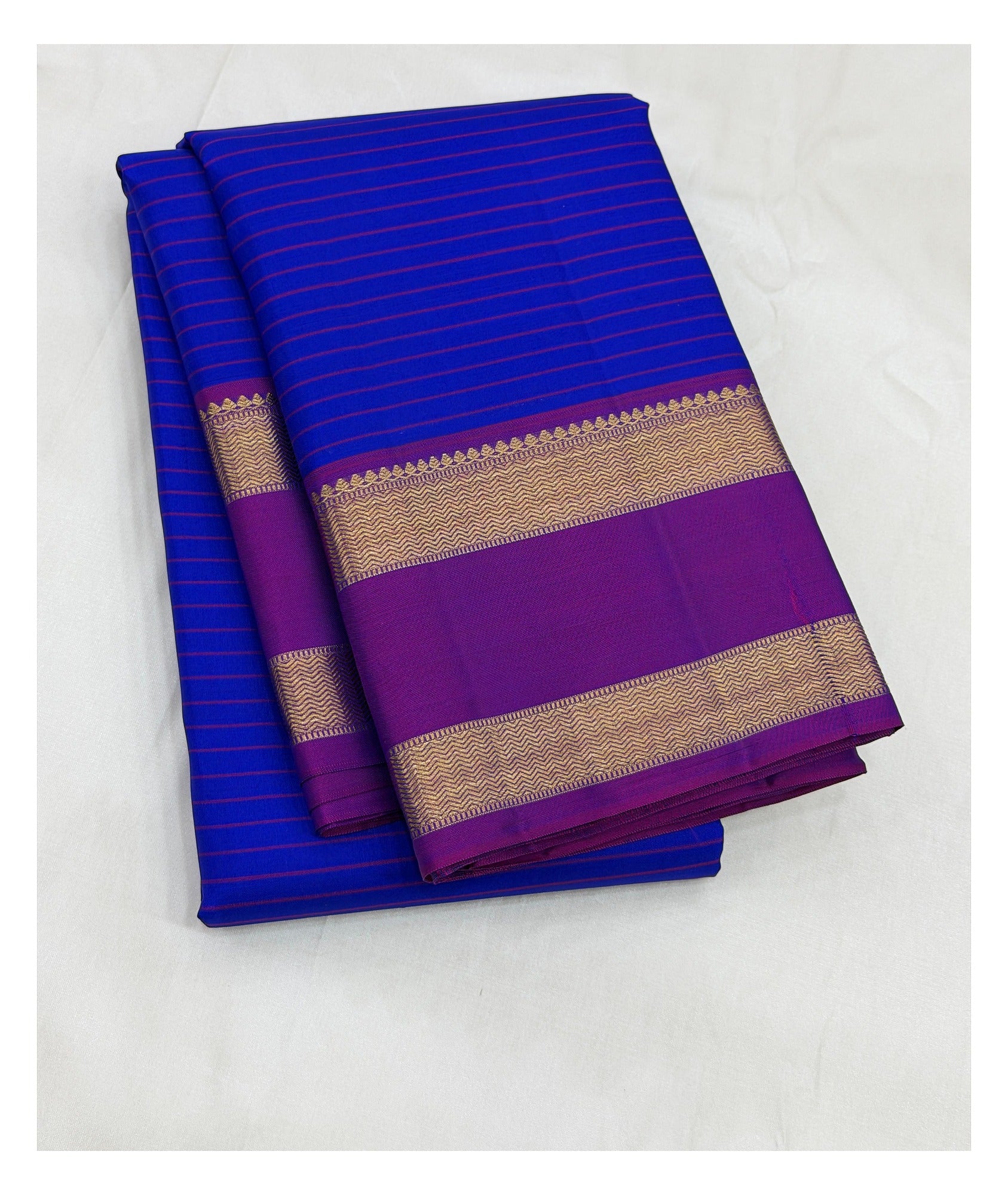 Handwoven Kanchipuram Silk Saree - Royal Blue with Magenta Border and Gold Zari Pallu front view