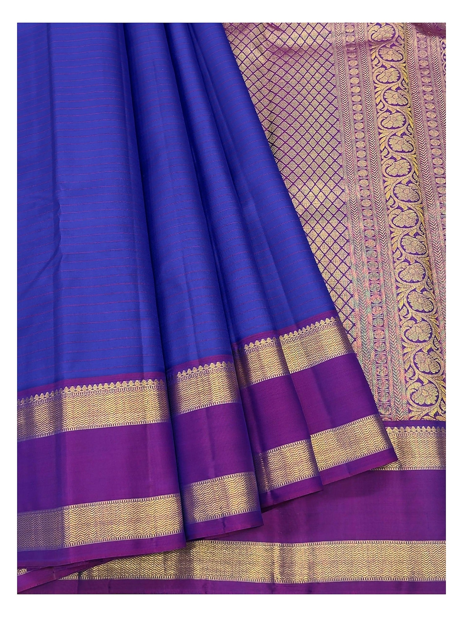 Handwoven Kanchipuram Silk Saree - Royal Blue with Magenta Border and Gold Zari Pallu