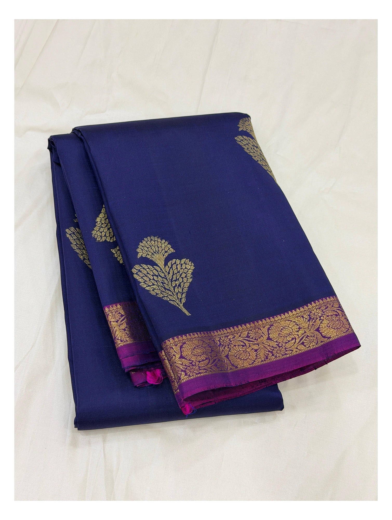 Handwoven Kanchipuram Silk Saree - Royal Blue with Magenta Pallu and Gold Border front view