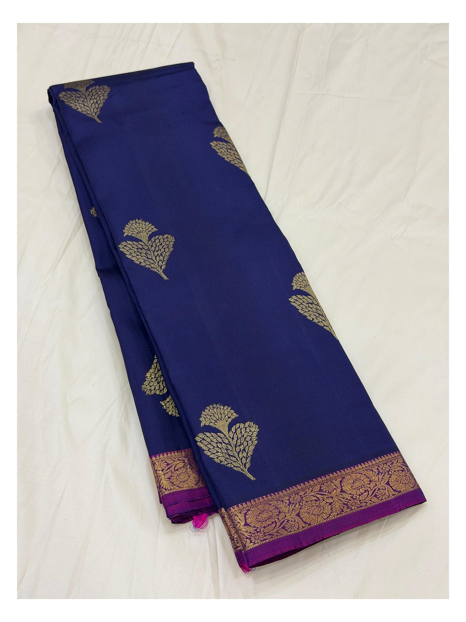 Handwoven Kanchipuram Silk Saree - Royal Blue with Magenta Pallu and Gold Border