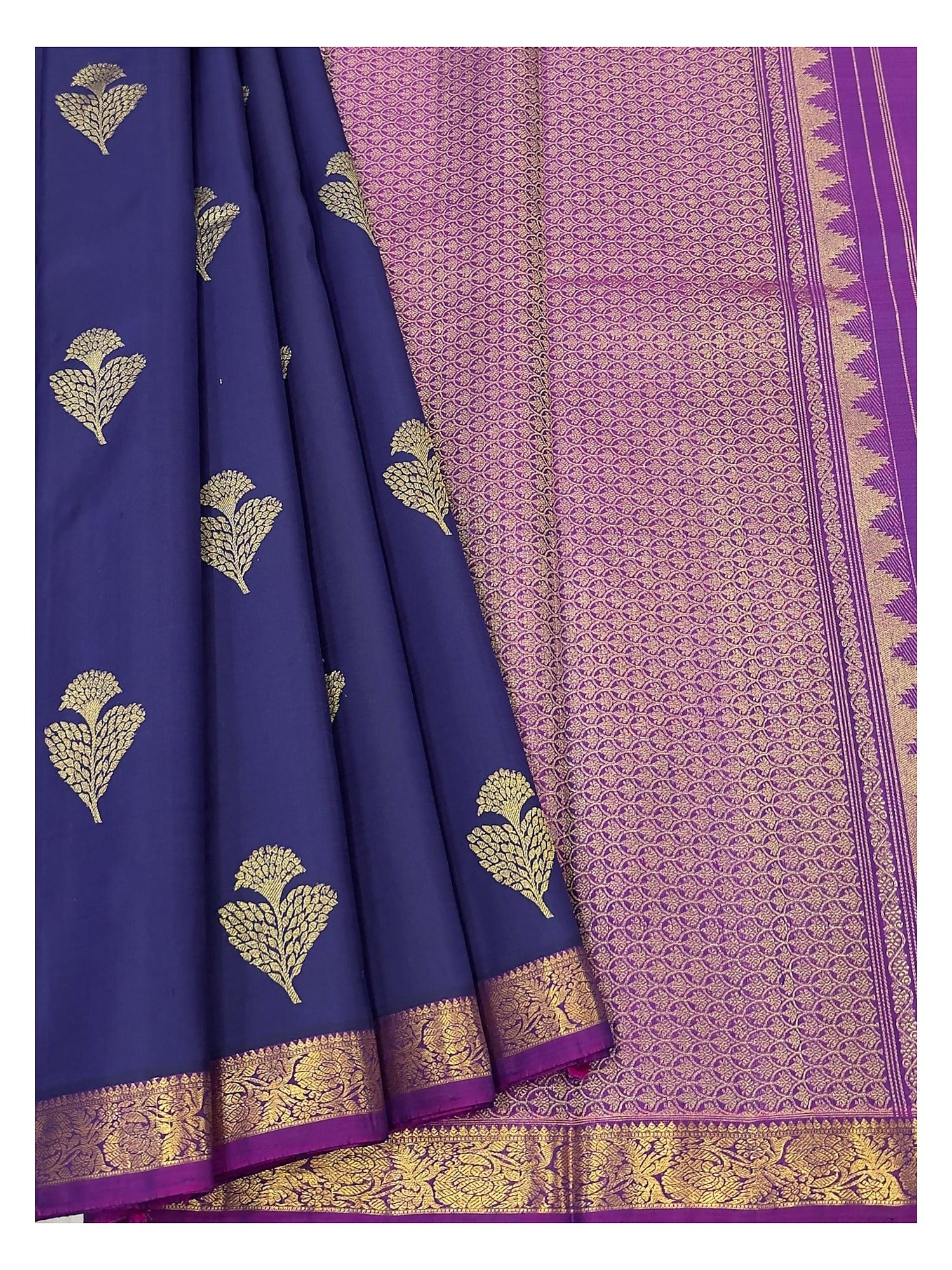 Handwoven Kanchipuram Silk Saree - Royal Blue with Magenta Pallu and Gold Border