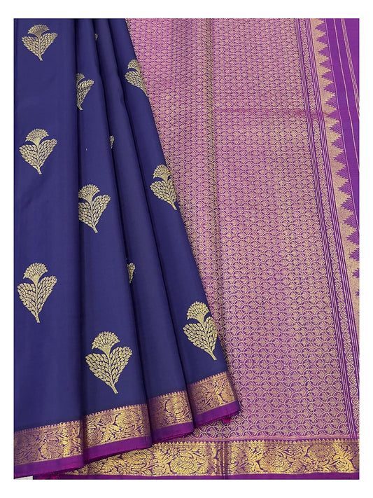 Handwoven Kanchipuram Silk Saree - Royal Blue with Magenta Pallu and Gold Border