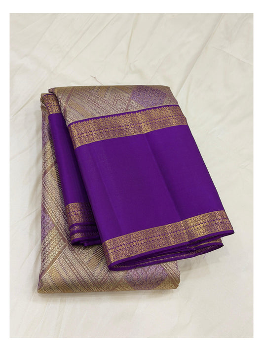 Handwoven Kanchipuram Silk Saree - Royal Purple with Gold Zari Pallu front view
