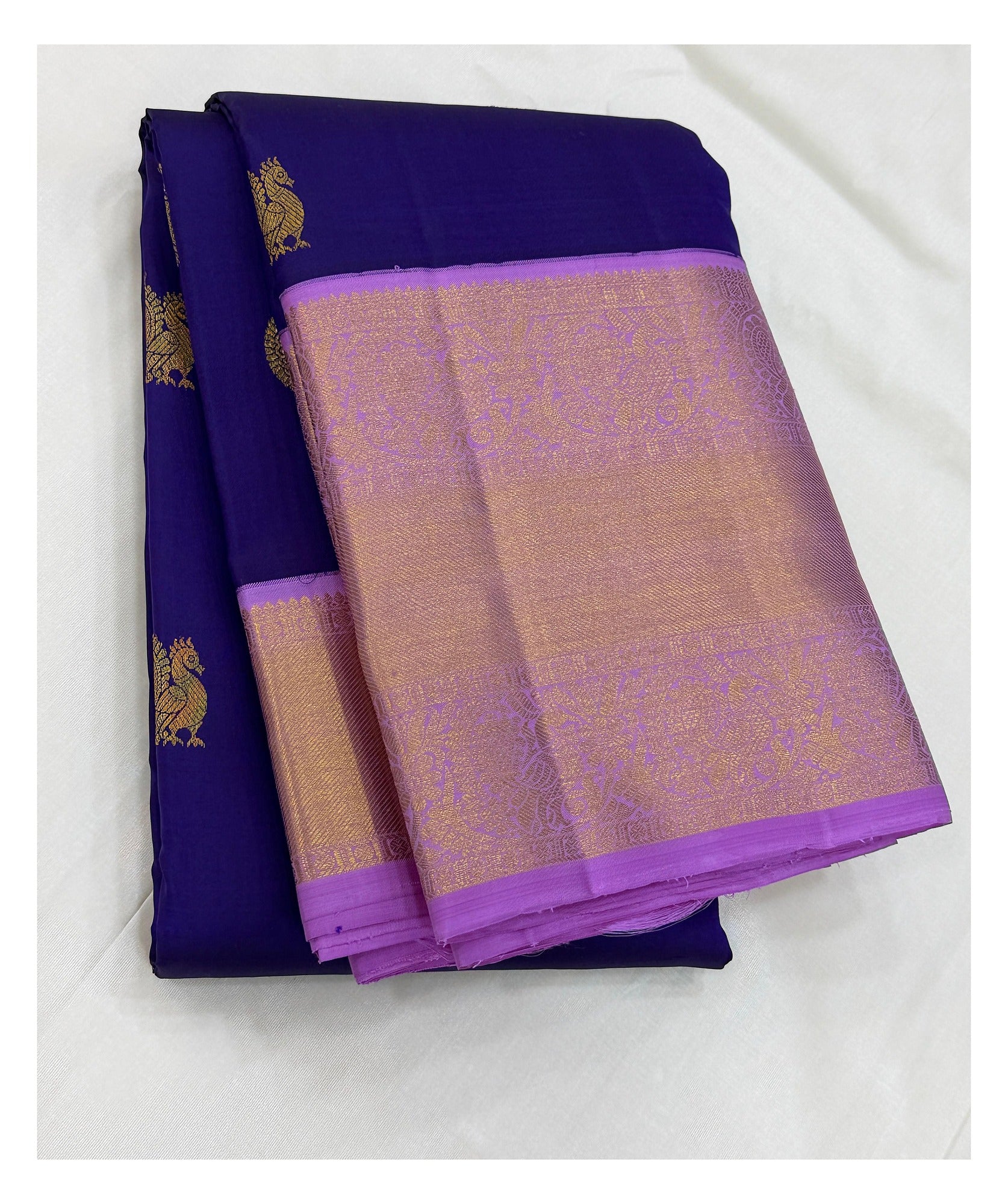 Handwoven Kanchipuram Silk Saree - Royal Purple with Lilac Border & Pallu front view
