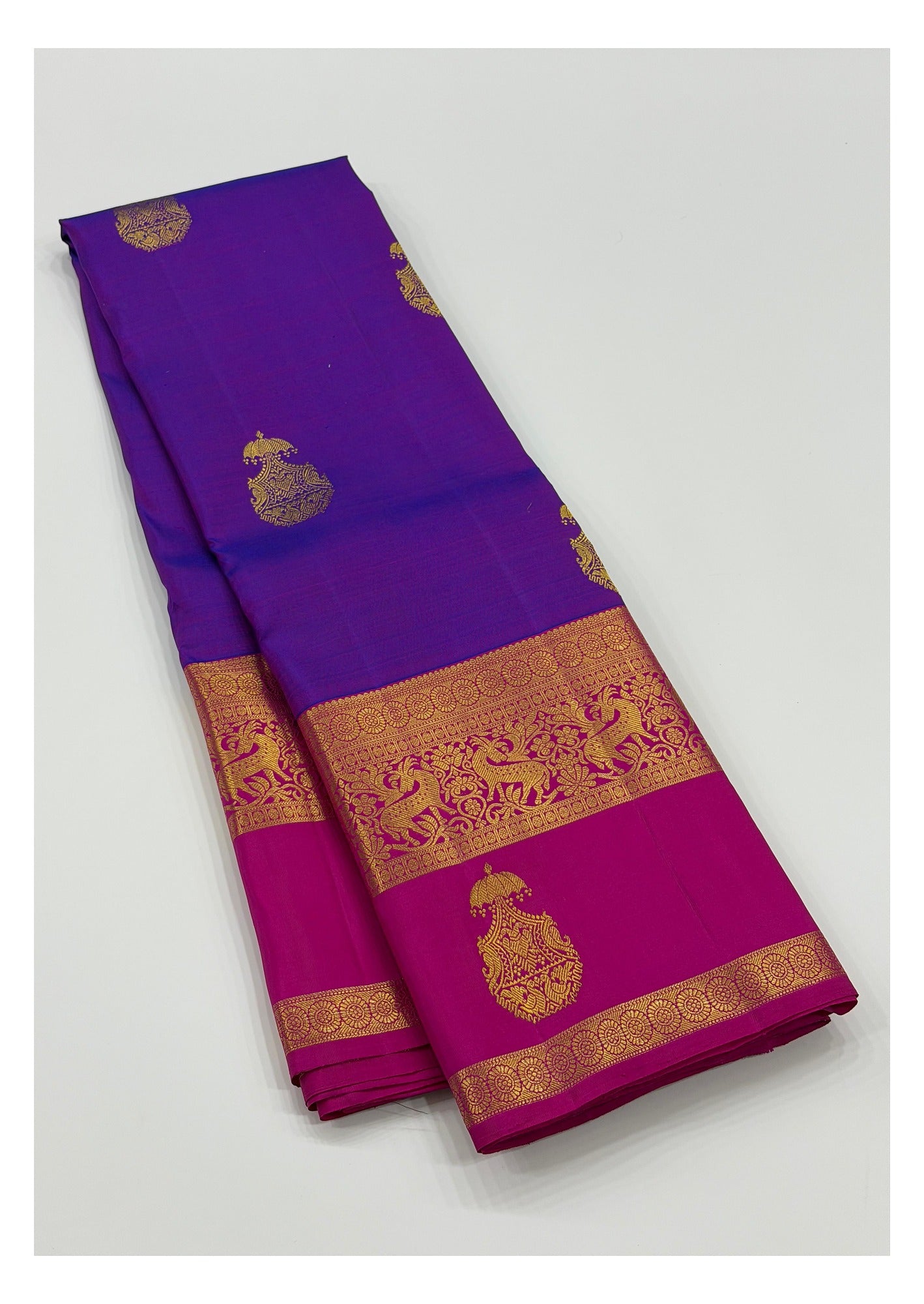 Handwoven Kanchipuram Silk Saree - Royal Purple with Magenta Contrast Pallu