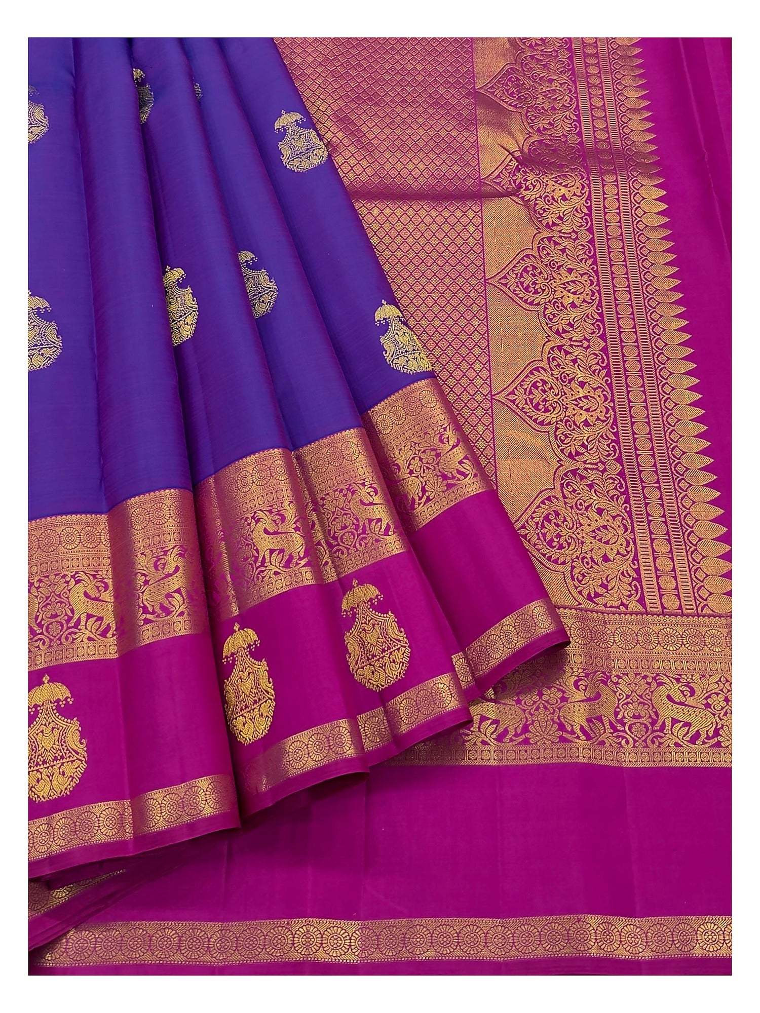 Handwoven Kanchipuram Silk Saree - Royal Purple with Magenta Contrast Pallu