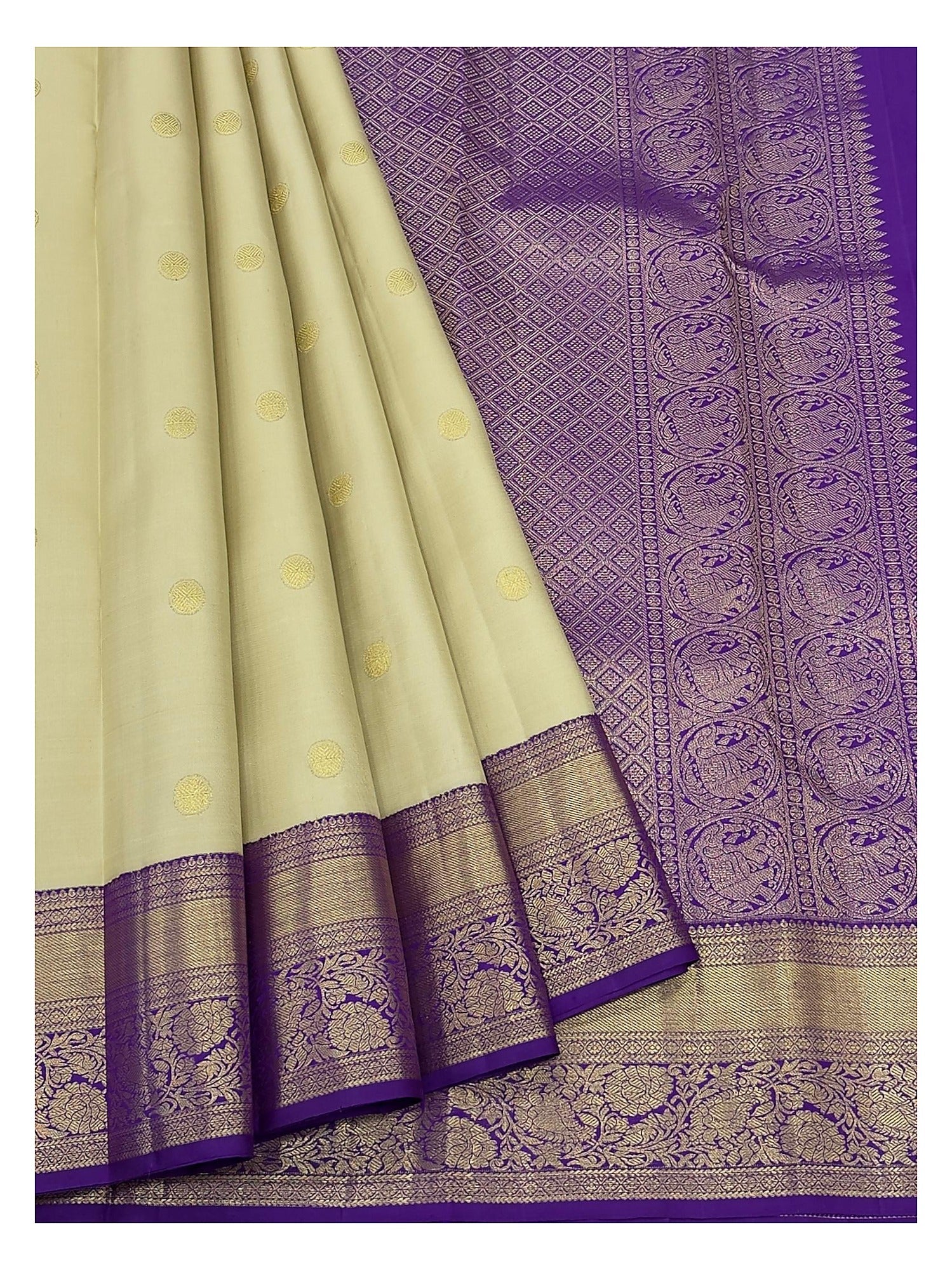 Handwoven Kanchipuram Silk Saree - Soft Gold with Royal Purple Zari Border