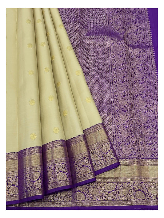 Handwoven Kanchipuram Silk Saree - Soft Gold with Royal Purple Zari Border