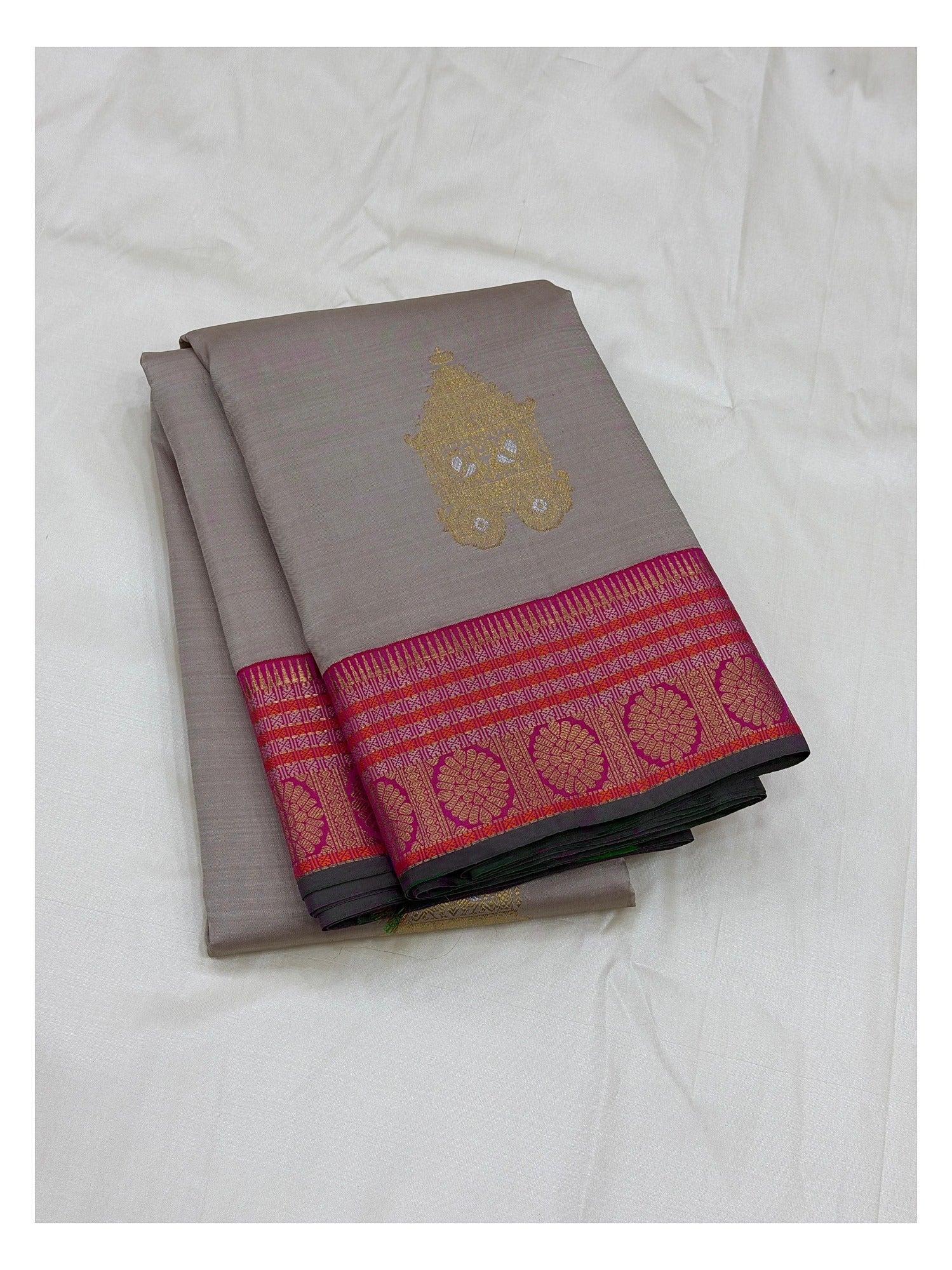 Handwoven Kanchipuram Silk Saree - Stone Grey with Rani Pink Pure Zari Border and Pallu front view