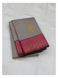Handwoven Kanchipuram Silk Saree - Stone Grey with Rani Pink Pure Zari Border and Pallu front view