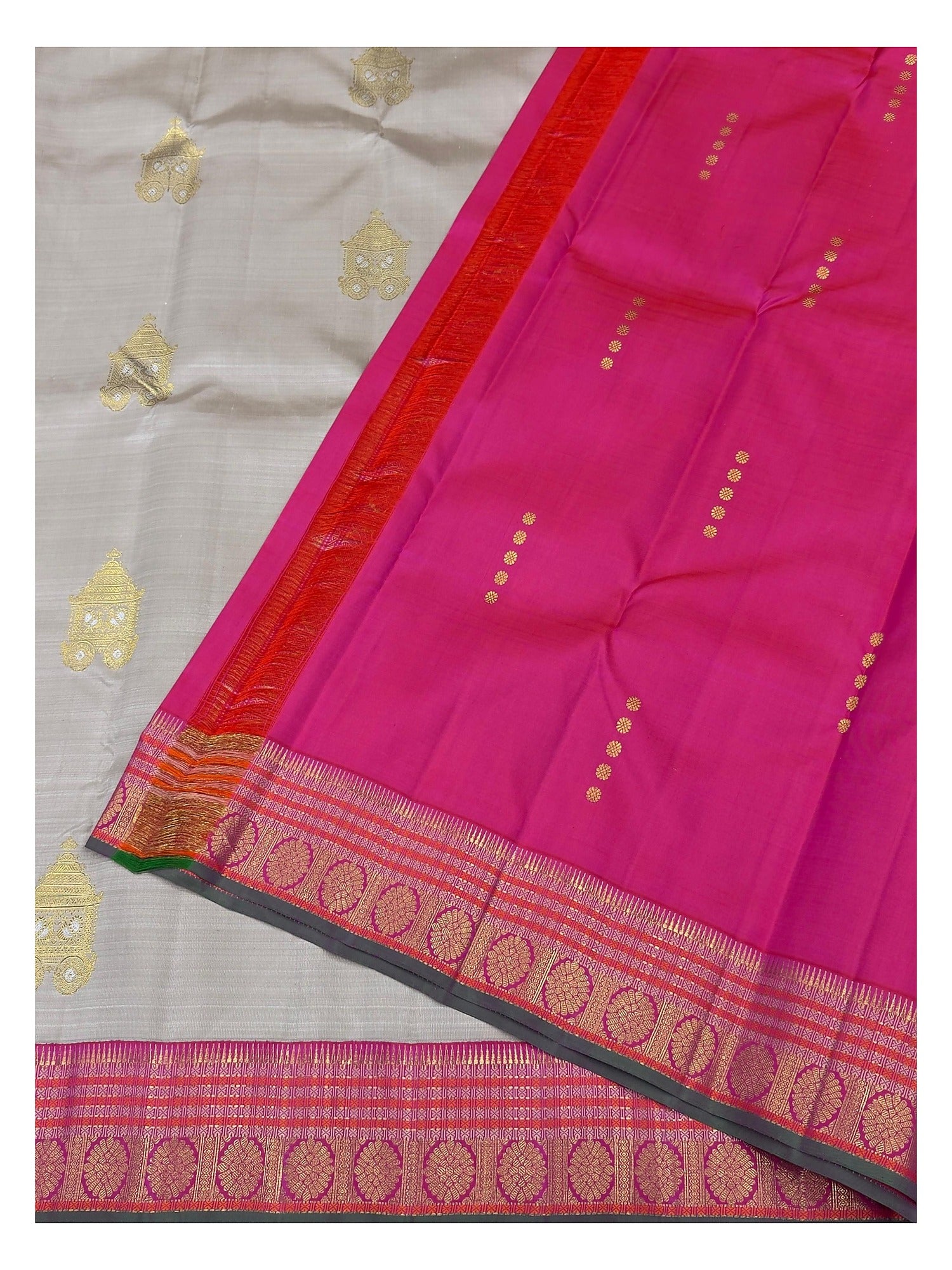 Handwoven Kanchipuram Silk Saree - Stone Grey with Rani Pink Pure Zari Border and Pallu
