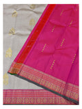 Handwoven Kanchipuram Silk Saree - Stone Grey with Rani Pink Pure Zari Border and Pallu