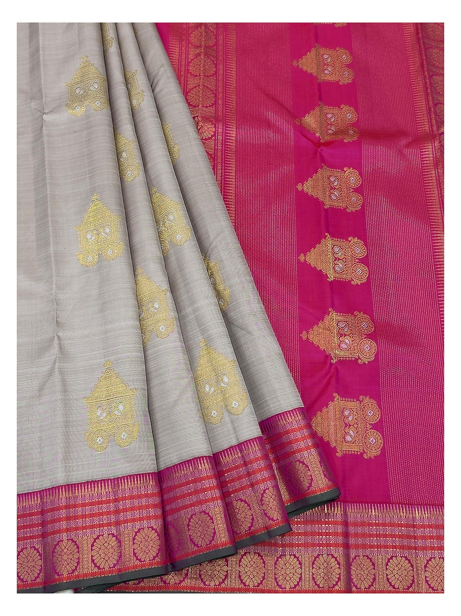 Handwoven Kanchipuram Silk Saree - Stone Grey with Rani Pink Pure Zari Border and Pallu