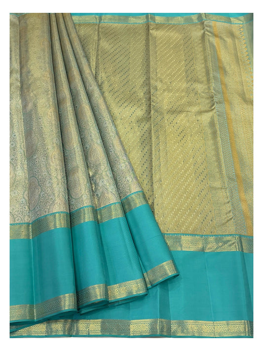 Handwoven Kanchipuram Silk Saree - Teal Blue with Gold-Toned Woven Body