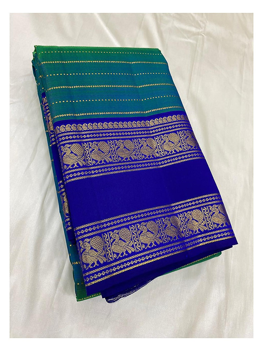 Handwoven Kanchipuram Silk Saree - Teal Green & Royal Blue With Zari Elephant Border front view