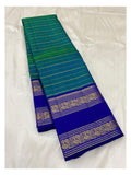 Handwoven Kanchipuram Silk Saree - Teal Green & Royal Blue With Zari Elephant Border