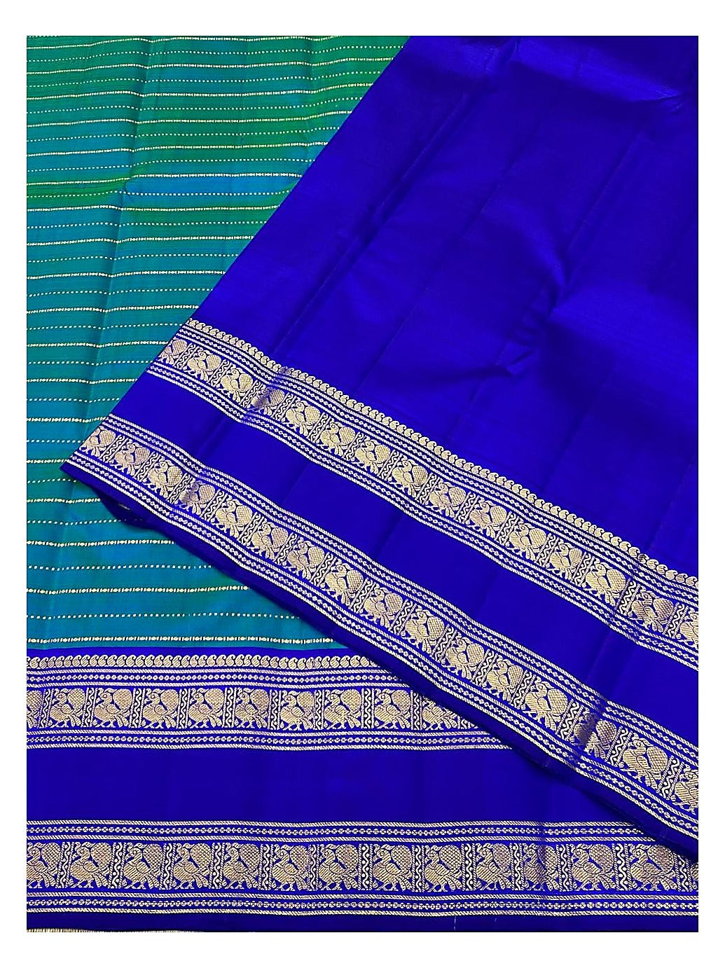 Handwoven Kanchipuram Silk Saree - Teal Green & Royal Blue With Zari Elephant Border