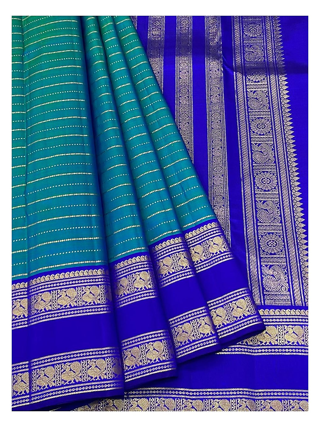 Handwoven Kanchipuram Silk Saree - Teal Green & Royal Blue With Zari Elephant Border