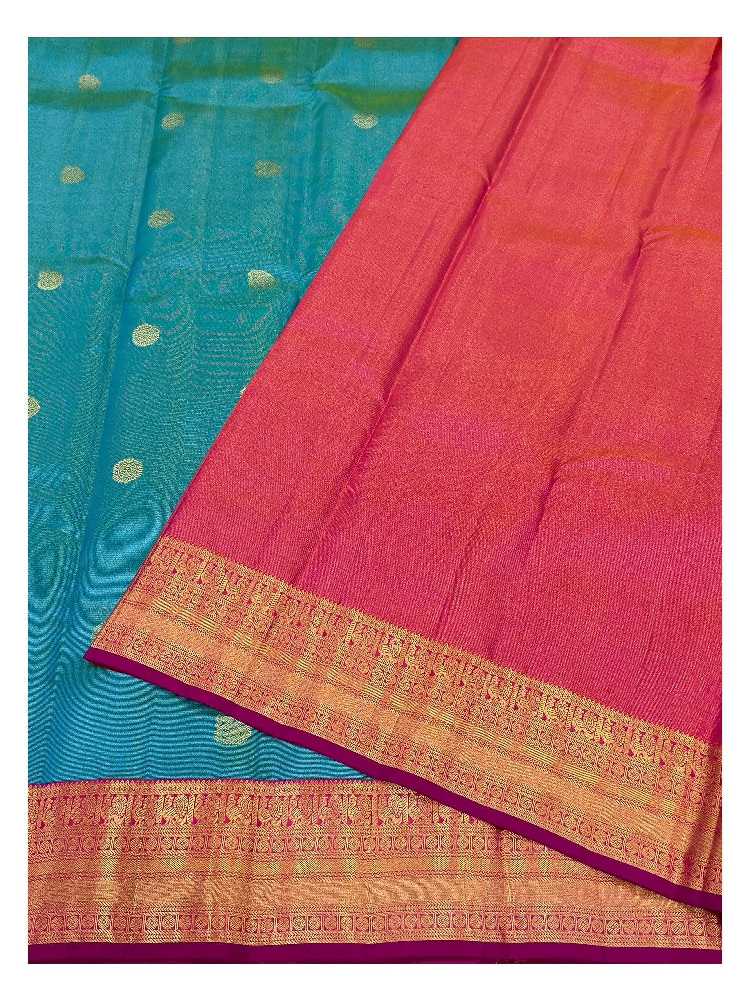 Handwoven Kanchipuram Silk Saree - Teal with Magenta and Gold Border