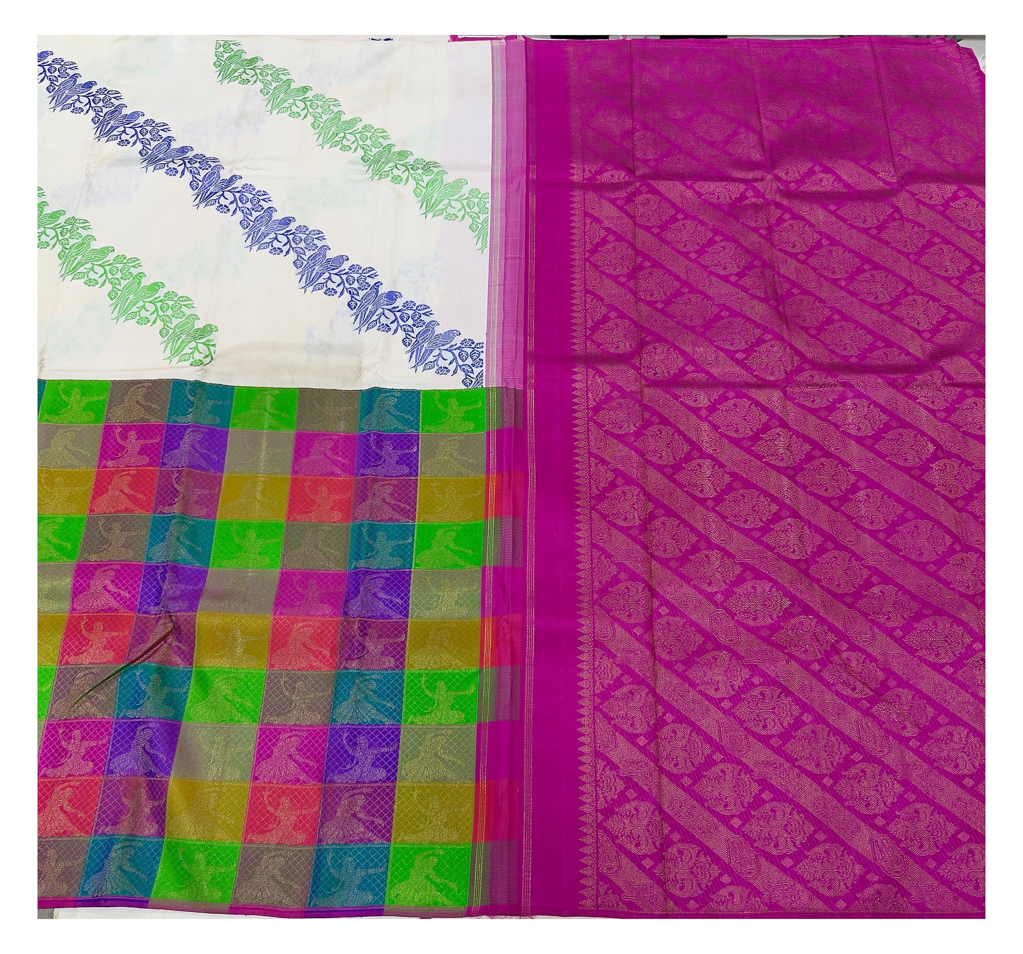 Handwoven Kanchipuram Silk Saree - White with Multicolour Checks and Bharatanatyam Motifs