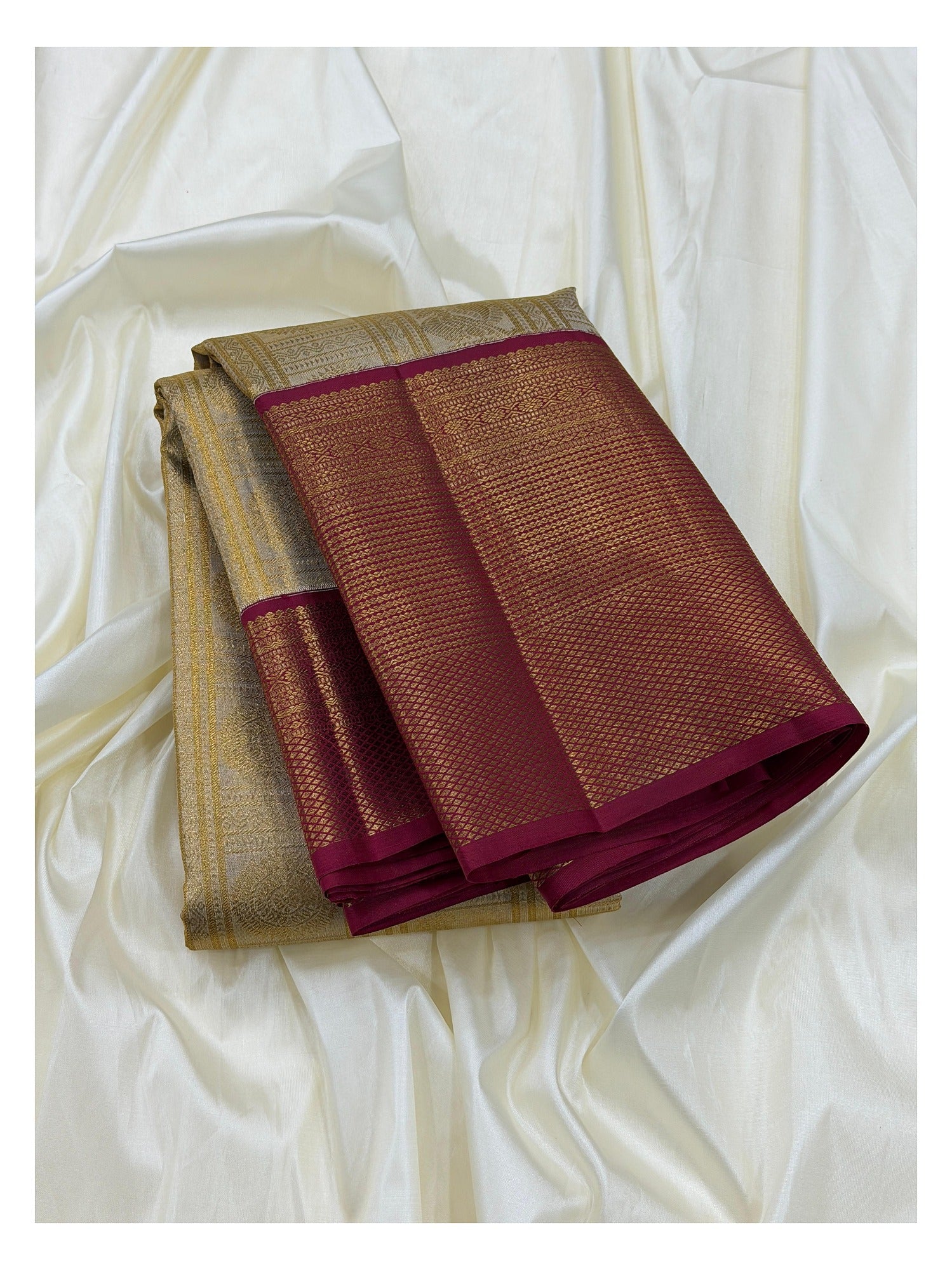 Handwoven Kanchipuram Silk Saree with 2 Gram Gold Zari - Antique Gold with Magenta Contrast Border front view