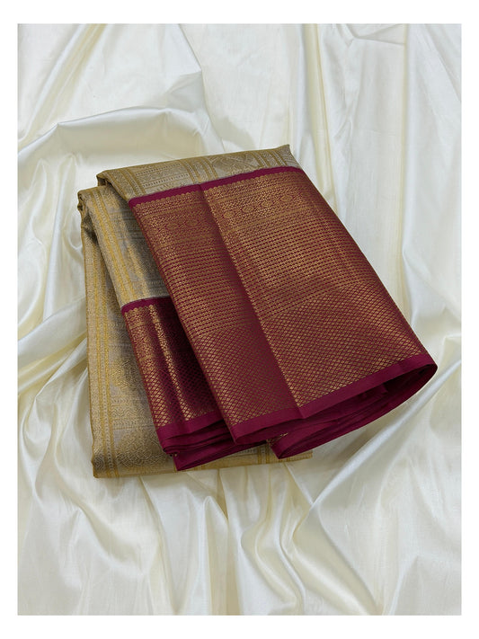 Handwoven Kanchipuram Silk Saree with 2 Gram Gold Zari - Antique Gold with Magenta Contrast Border front view