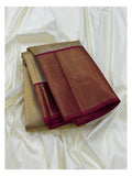 Handwoven Kanchipuram Silk Saree with 2 Gram Gold Zari - Antique Gold with Magenta Contrast Border front view