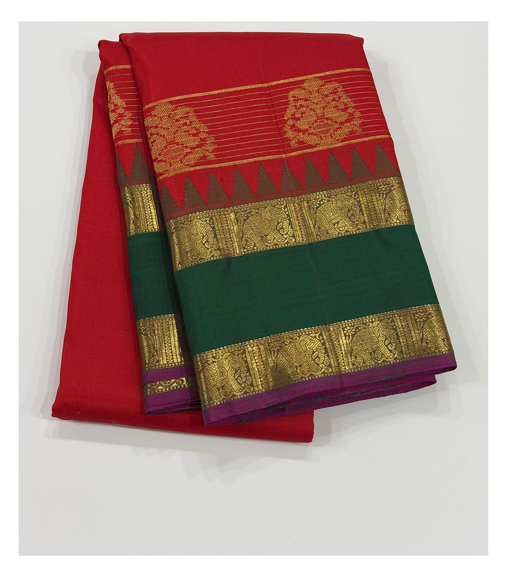 Handwoven Kanchipuram Silk Saree with 2 Gram Gold Zari - Red with Emerald Green Elephant Border front view