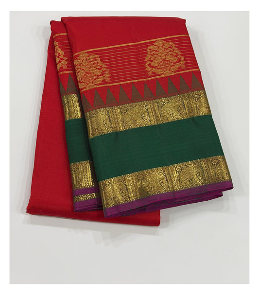 Handwoven Kanchipuram Silk Saree with 2 Gram Gold Zari - Red with Emerald Green Elephant Border front view