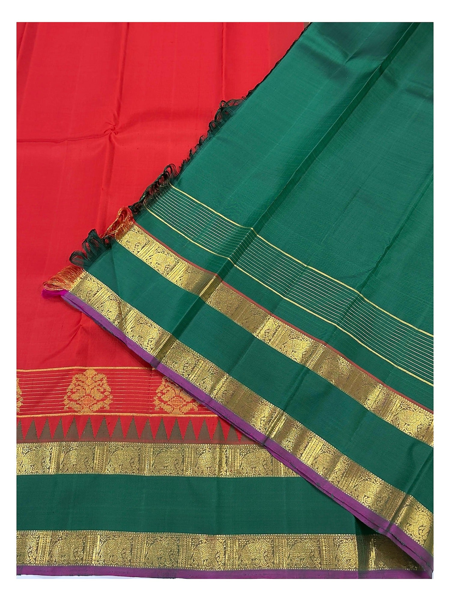 Handwoven Kanchipuram Silk Saree with 2 Gram Gold Zari - Red with Emerald Green Elephant Border