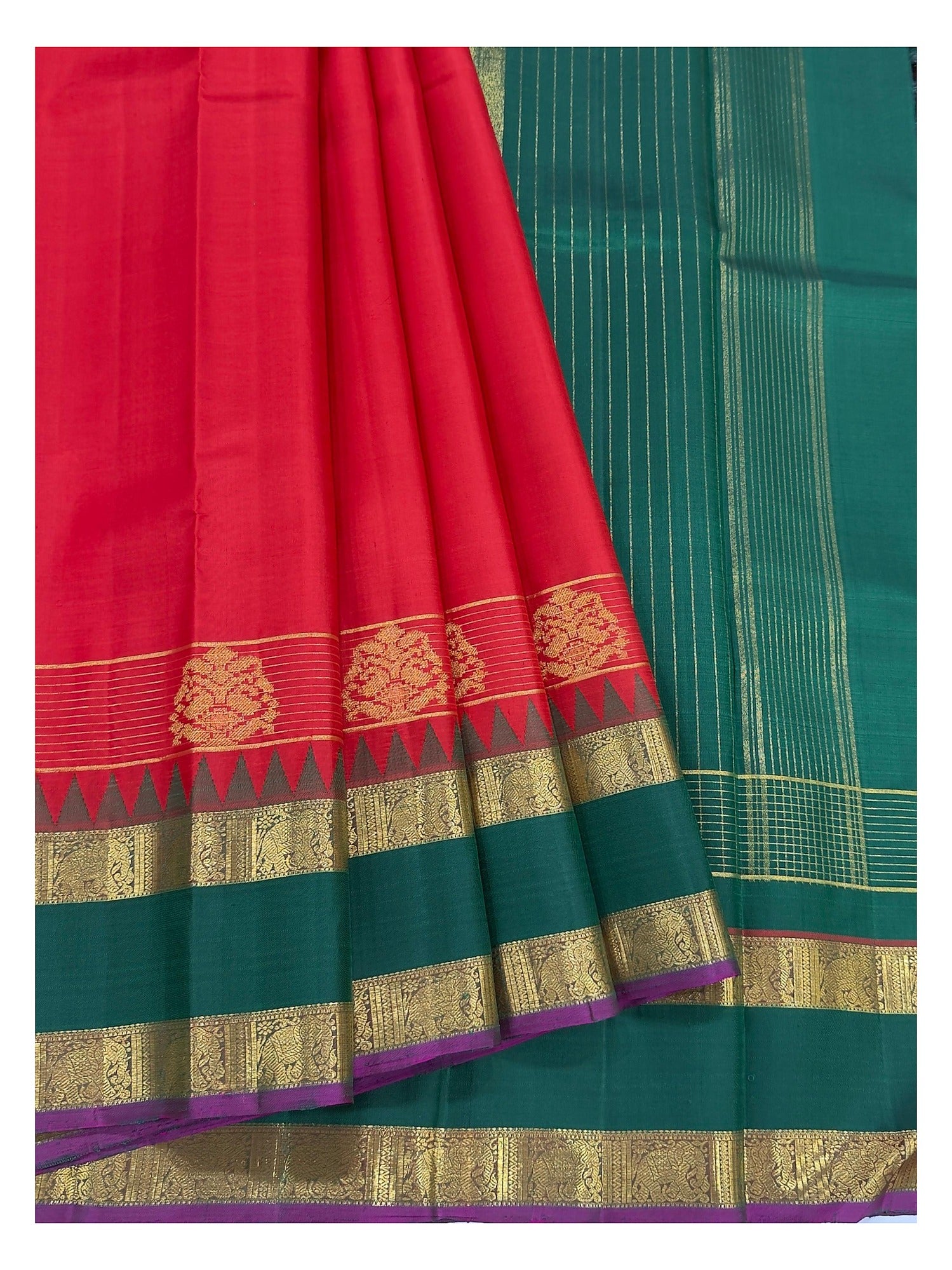 Handwoven Kanchipuram Silk Saree with 2 Gram Gold Zari - Red with Emerald Green Elephant Border