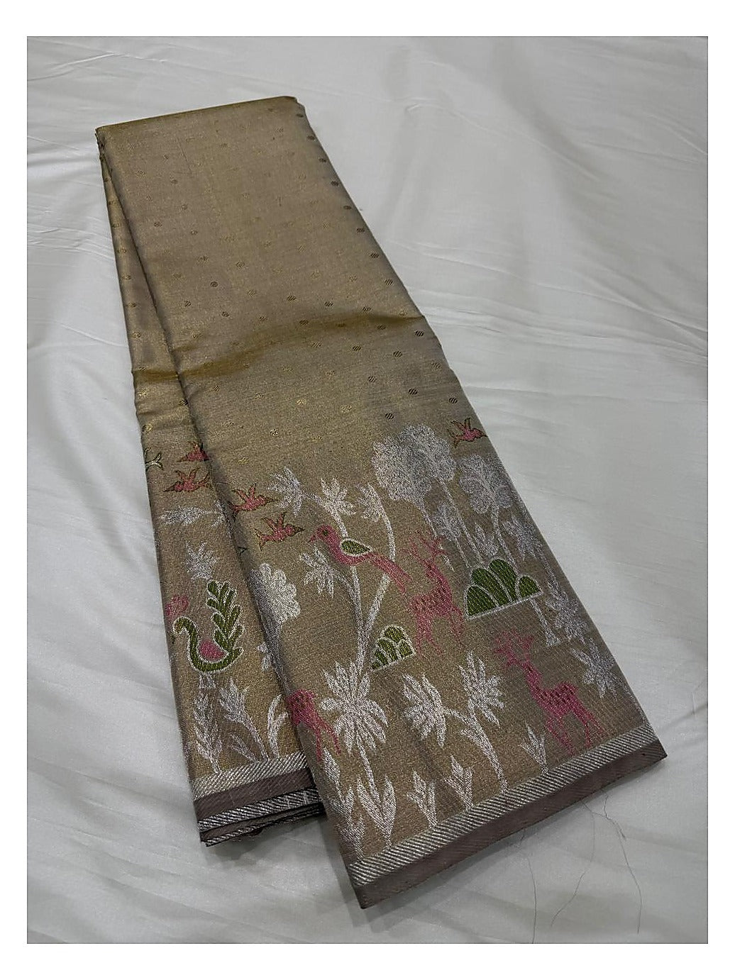 Handwoven Kanchipuram Silk Saree with Deer and Bird Motifs
