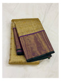Handwoven Kanchipuram silk saree with gold zari body and purple zari border
