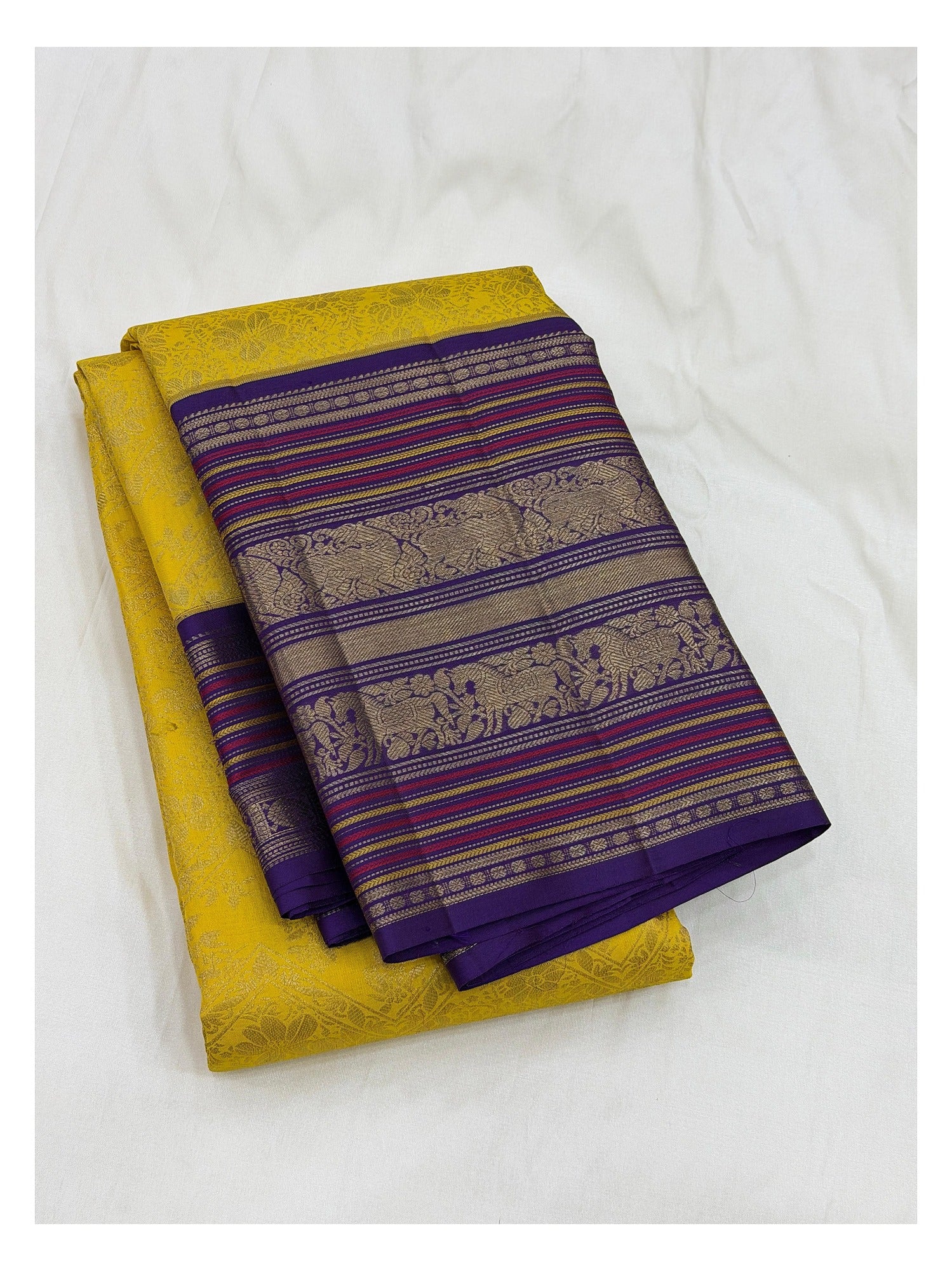 Handwoven Kanchipuram Silk Saree - Yellow with Purple Zari Border front view